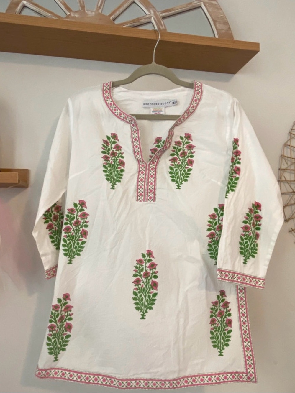 Gretchen Scott Designs White Tunic with Pink and Green Floral Embroidery